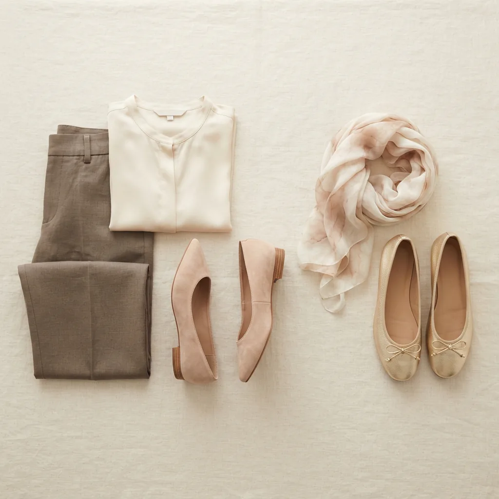 A flat-lay of unbranded flats styled with workwear and evening accessories on a pale surface