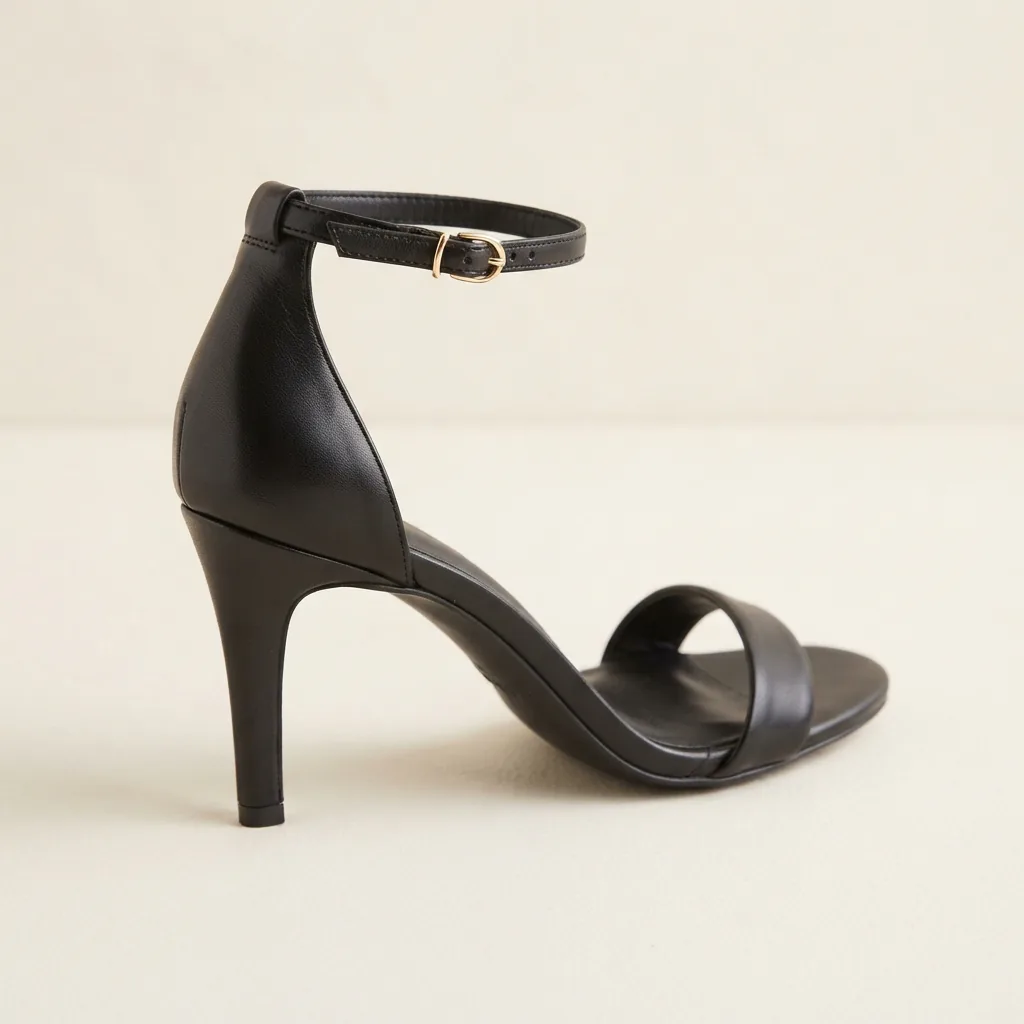 Heeled sandal with a fastened ankle strap on a light studio surface
