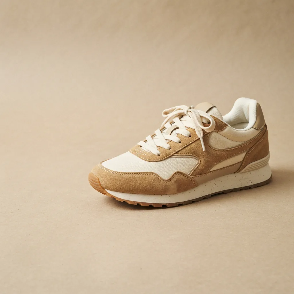 A low-profile cream and tan women's walking sneaker on a soft studio backdrop