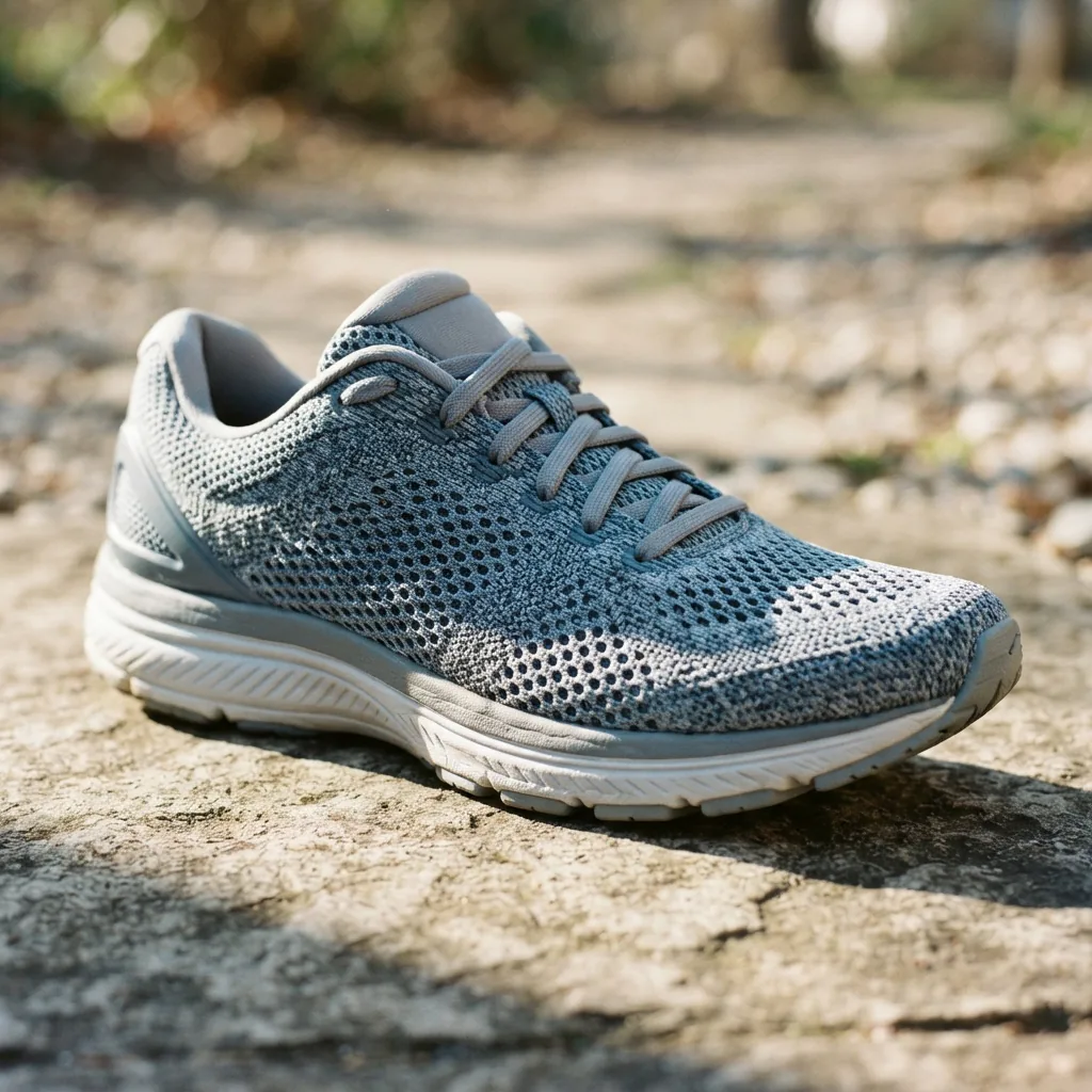 Close-up of a knitted breathable mesh running shoe upper in daylight showing ventilated weave structure