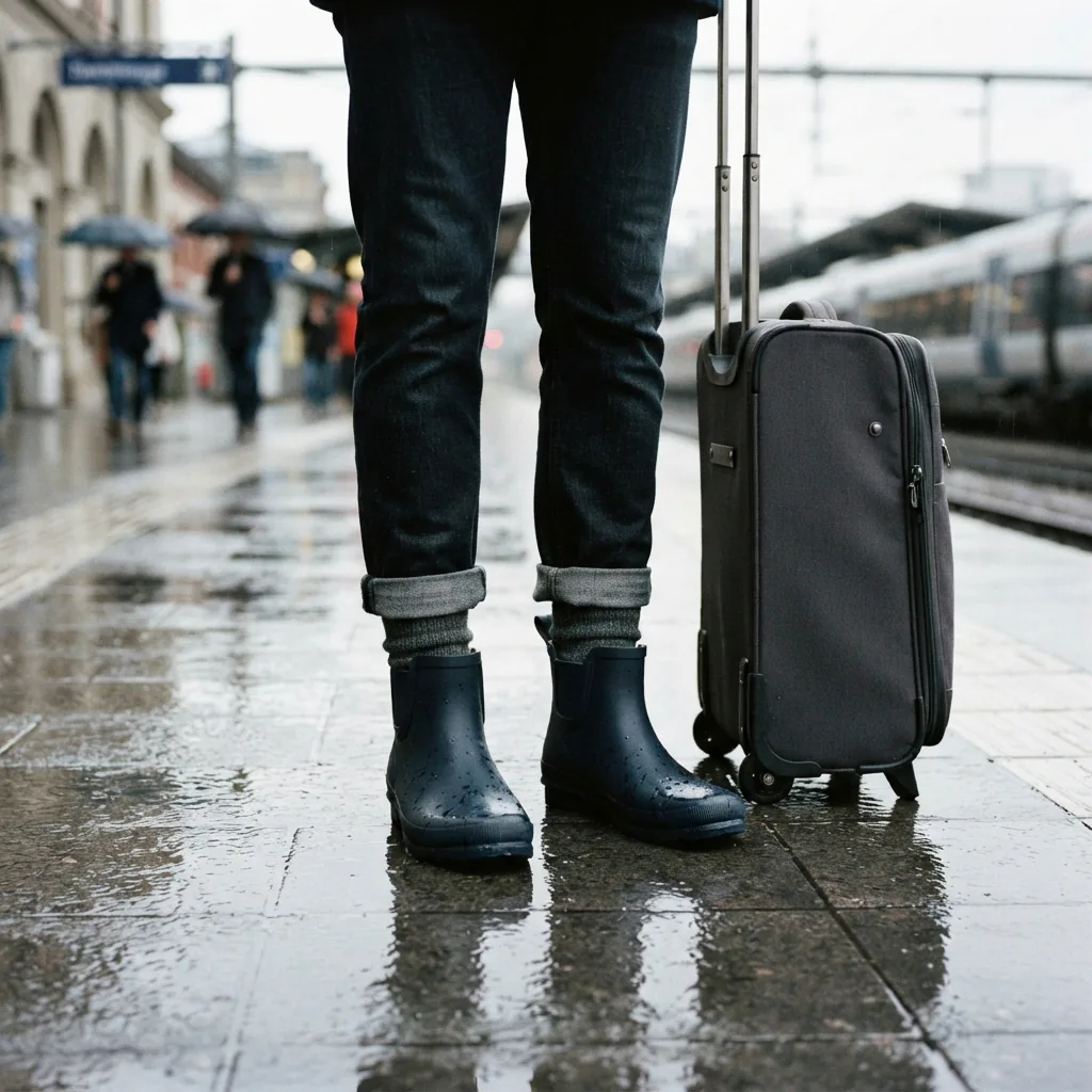Ankle rain boots and a rolling suitcase on a rain-slick station platform