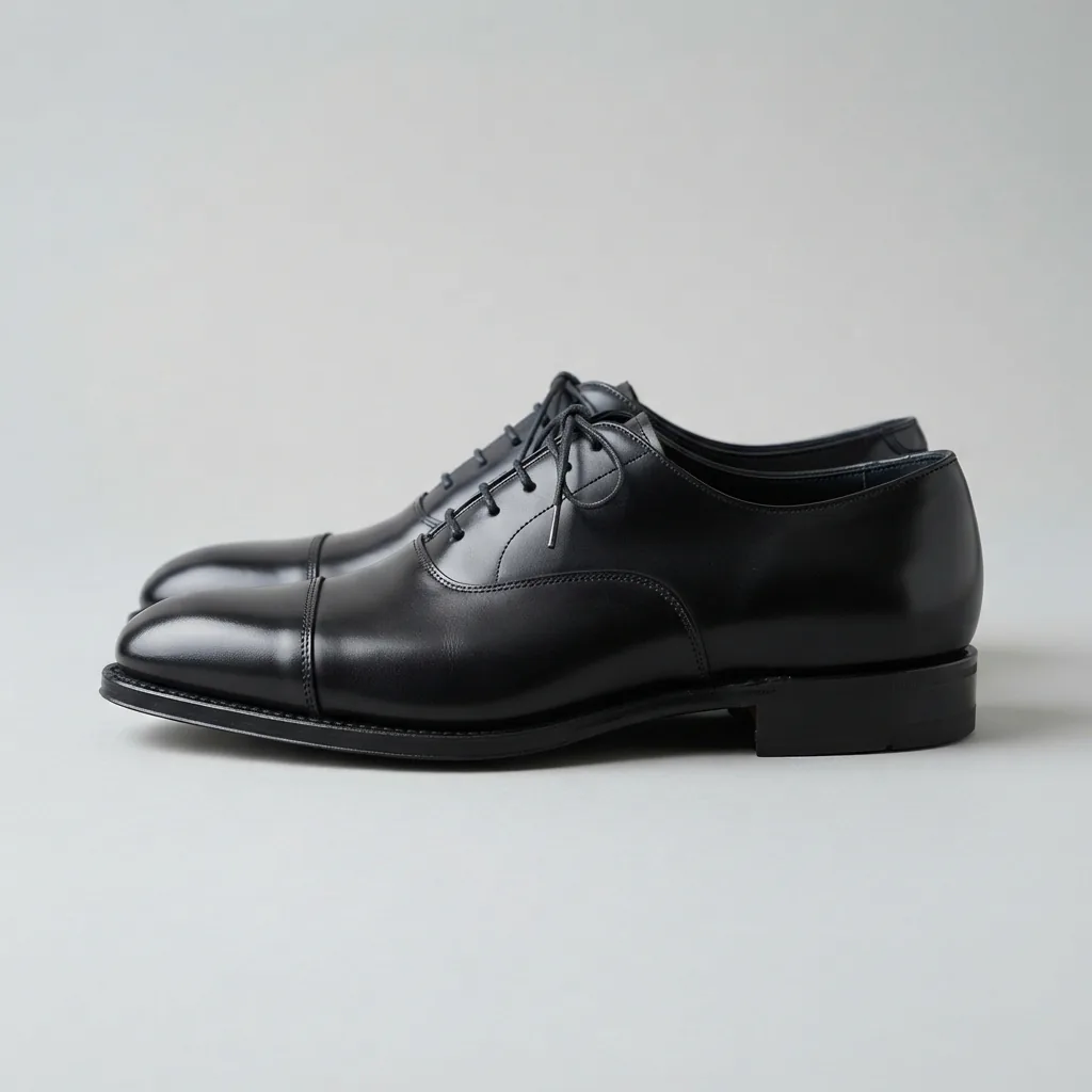 Black cap toe men's dress shoes shown in side profile on a pale studio surface.