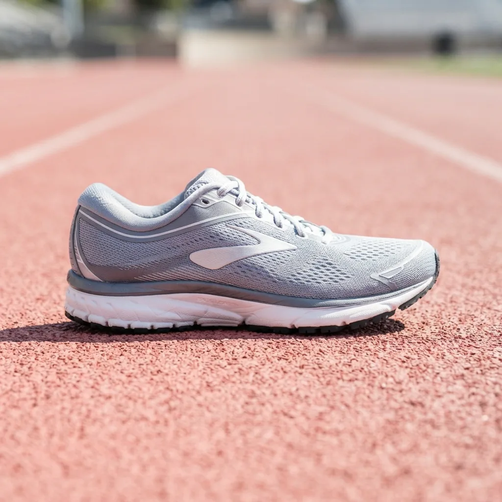 Men's Brooks Ghost 18 lightweight mesh running shoe photographed alone on a running track lane