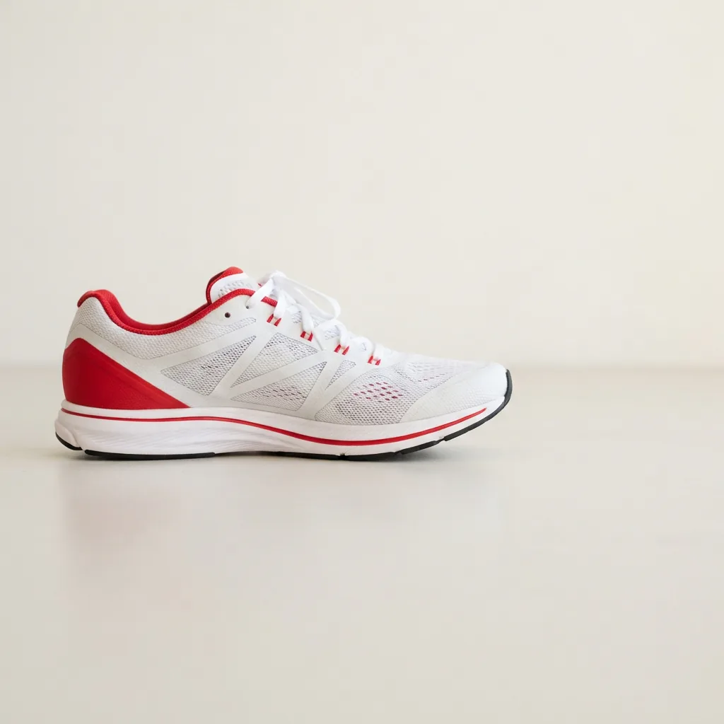 Men's white and red lightweight racing shoe with a slim sole, photographed on a pale surface