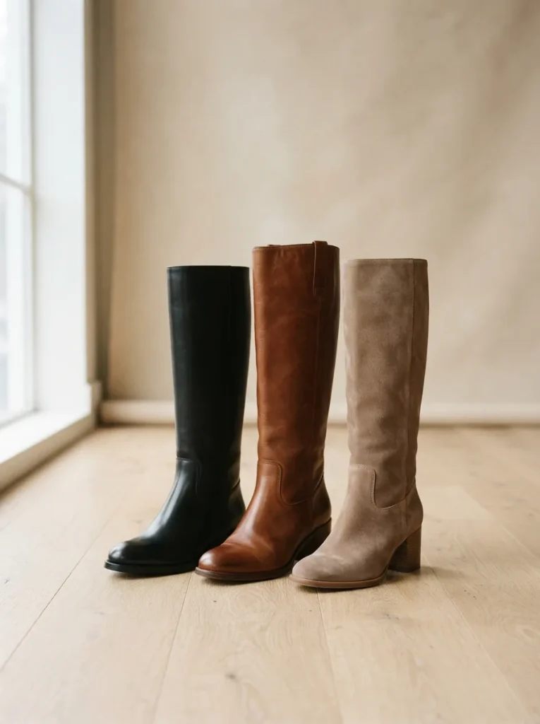 A group of unbranded knee high boots in black, brown and suede finishes standing on a light studio floor