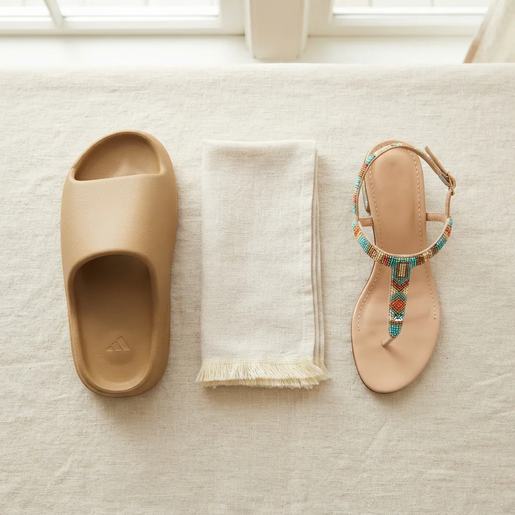 Casual foam slide and a beaded T-strap dress sandal placed on either side of a folded linen napkin