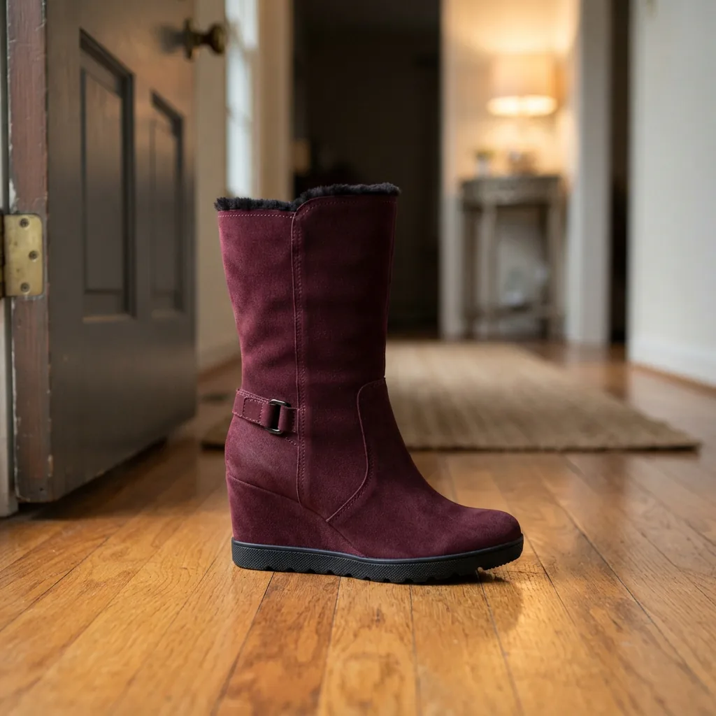 Sleek wedge snow boot standing on a polished hallway floor