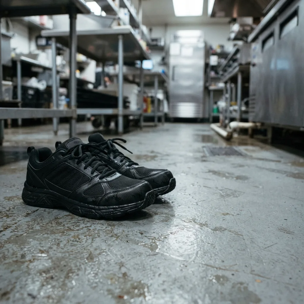 Slip-resistant work sneakers on a wet restaurant kitchen floor during a busy shift