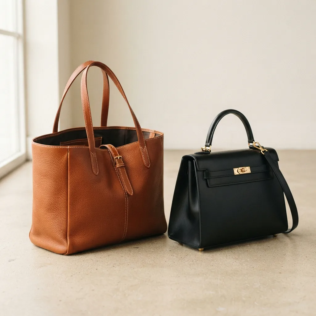 Roomy open tote bag standing beside a firm structured satchel on a light neutral studio surface