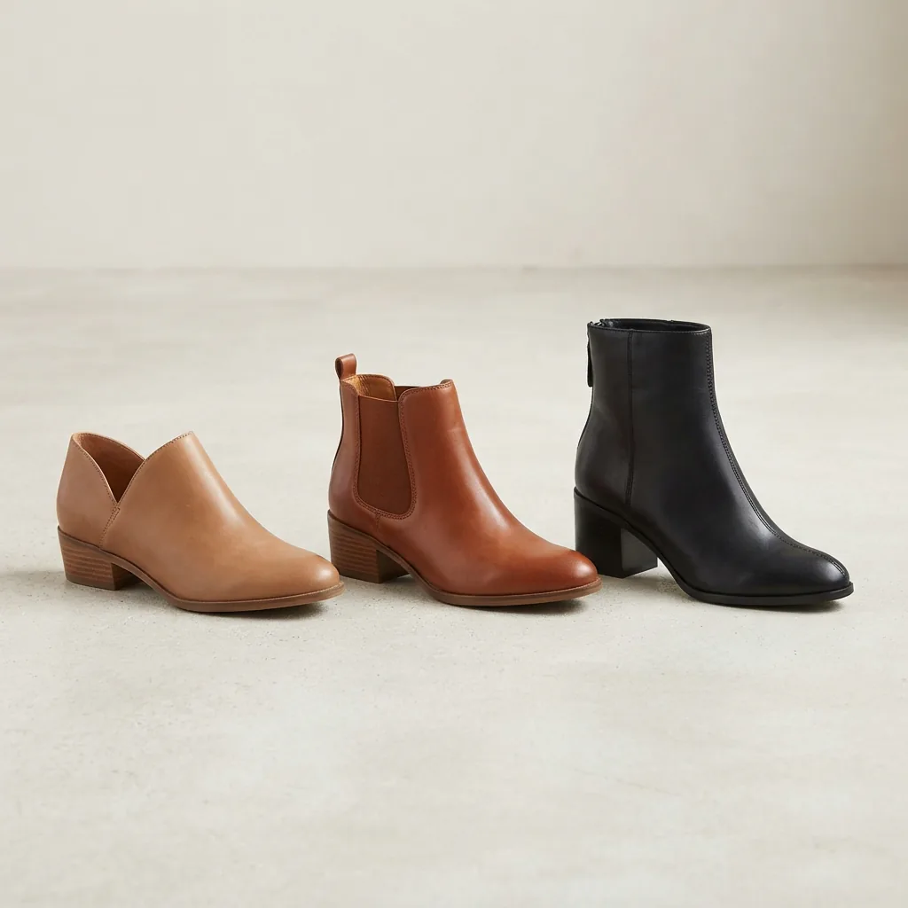 Three ankle booties of different shaft heights arranged in a row on a light studio surface