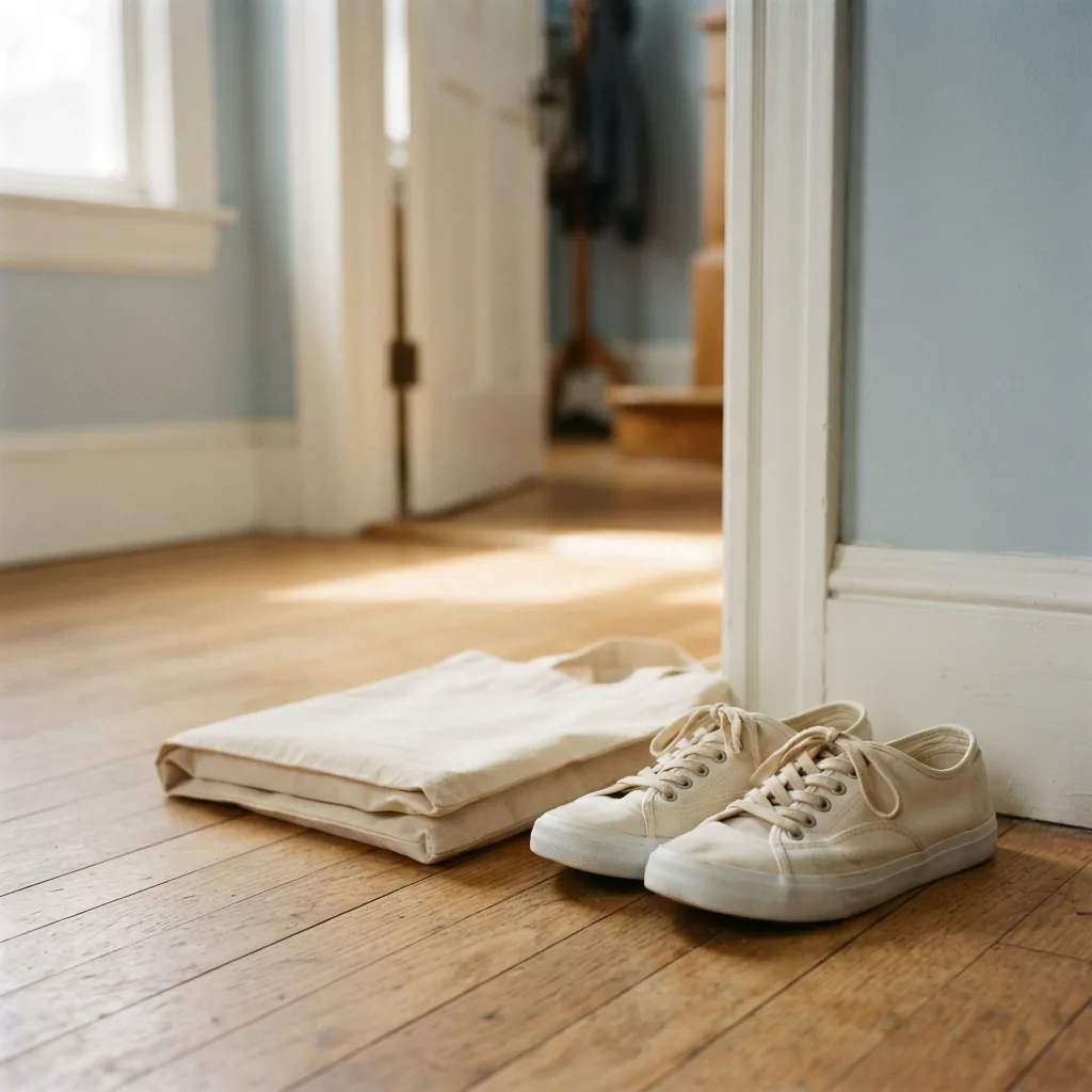 Unbranded men's casual sneakers beside a folded canvas tote bag on a sunlit hallway floor