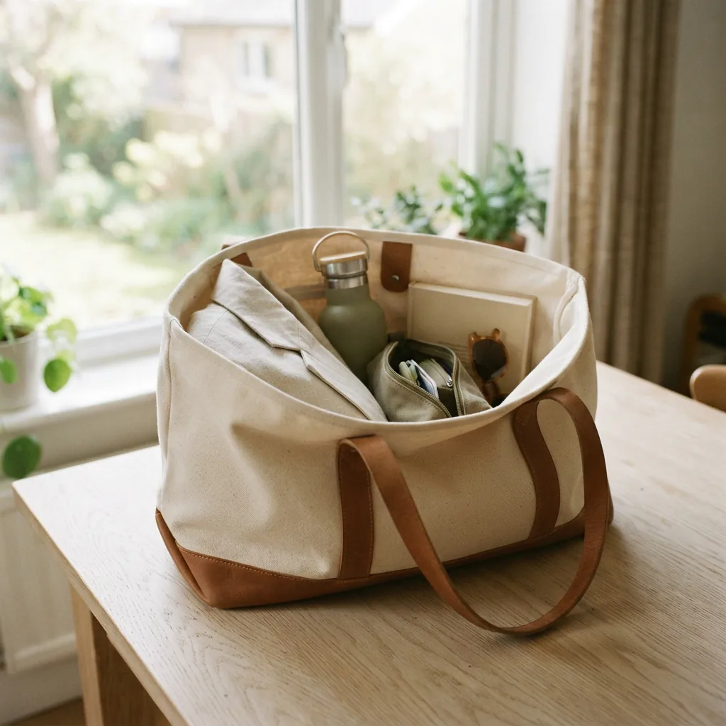 Open tote bag packed with travel essentials on a light table
