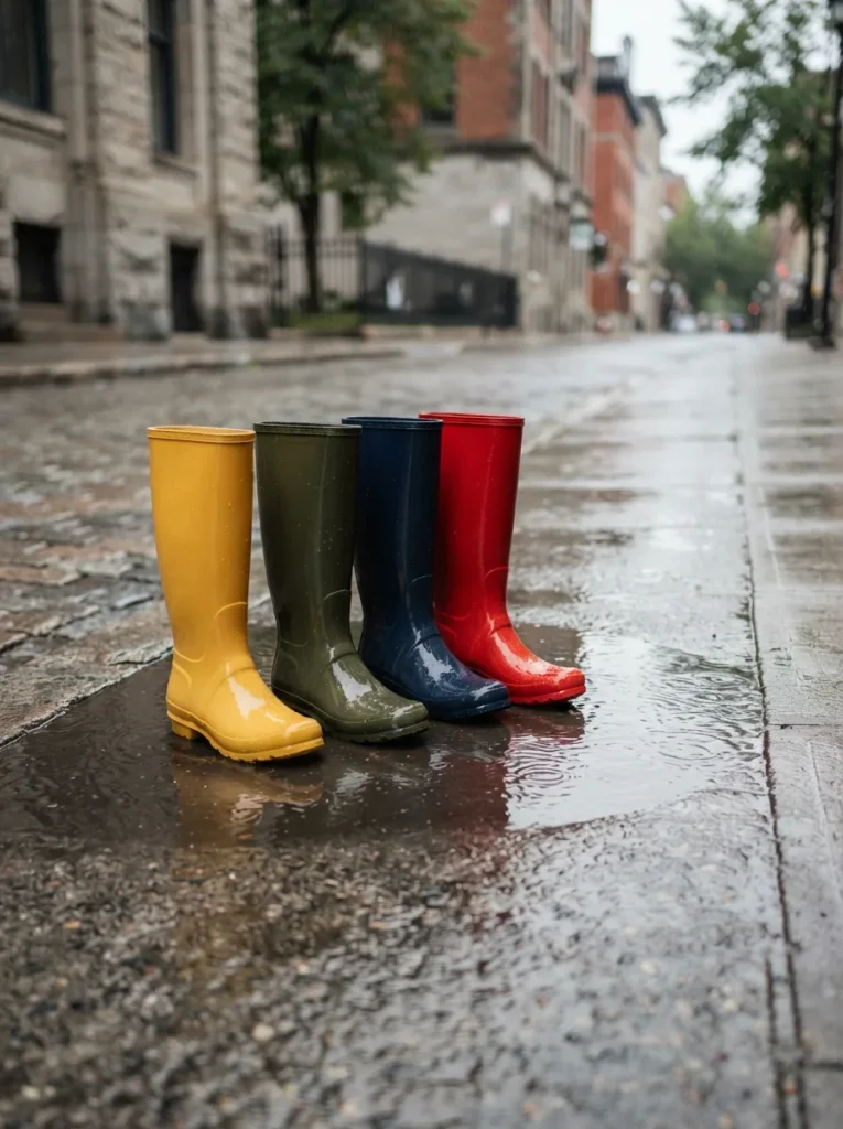 An assortment of glossy and matte rubber rain boots standing in shallow puddles on a wet city sidewalk