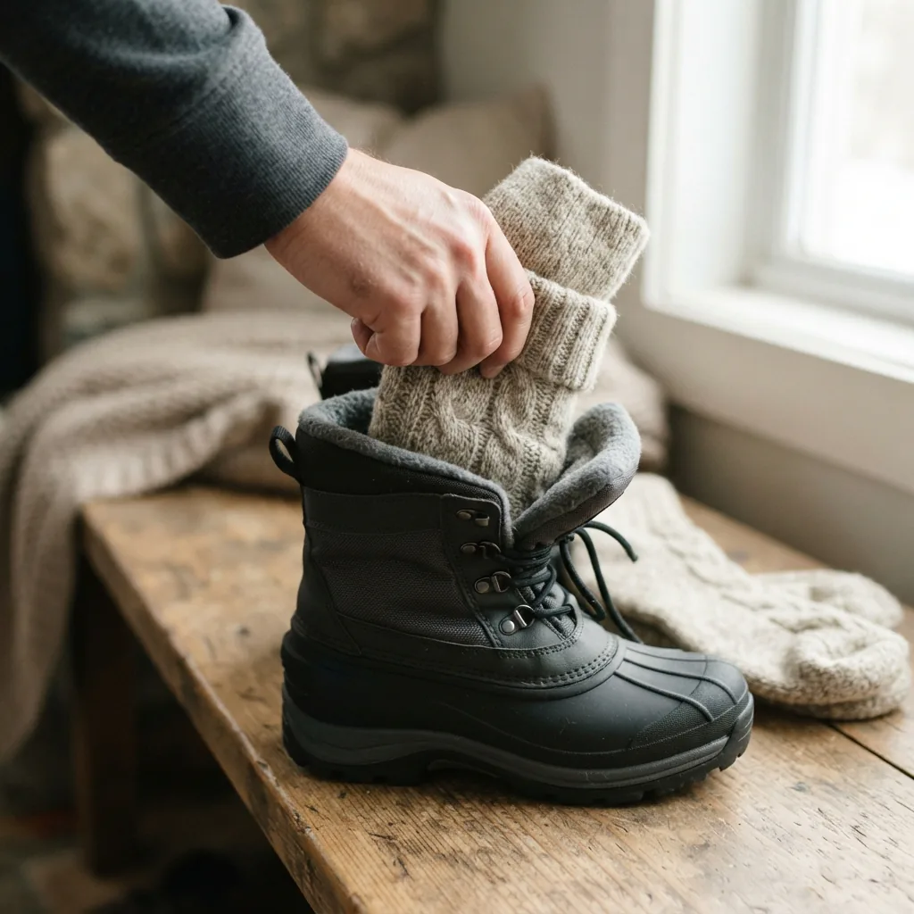 An adult hand sliding a thick knit sock into a snow boot opening