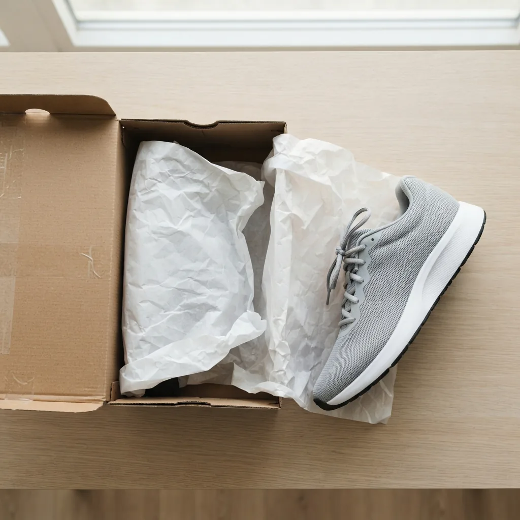 An unbranded running shoe beside an open plain shipping box with tissue paper