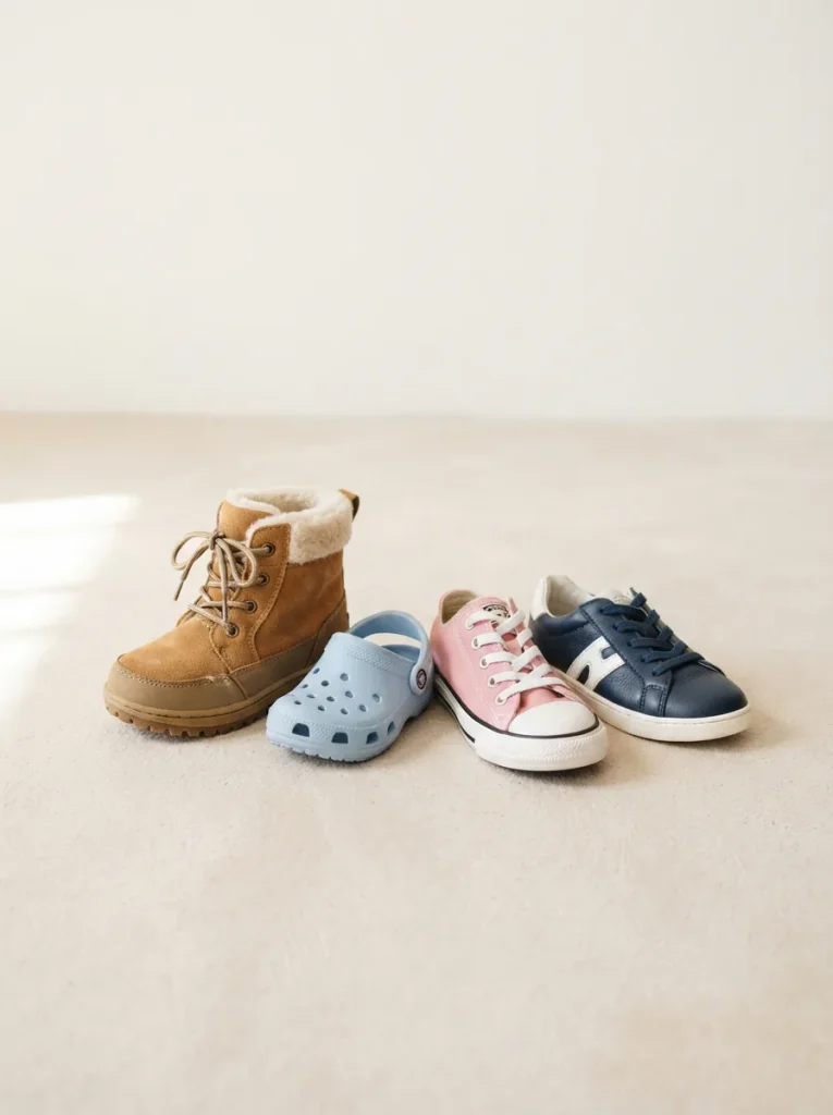 An assortment of children's boots, clogs and sneakers grouped on a pale studio floor
