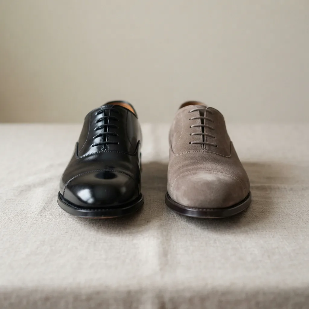 A polished black leather dress shoe beside a taupe suede dress shoe on a neutral surface.