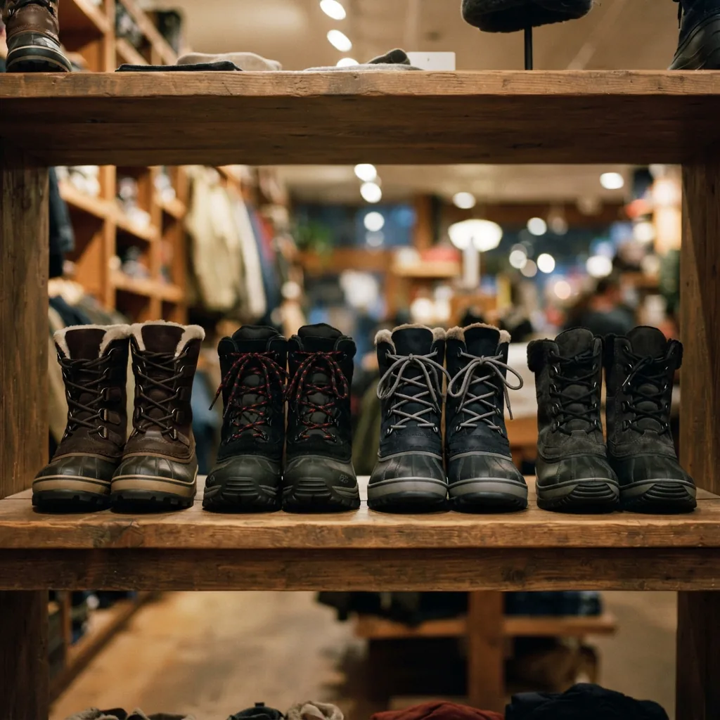 Winter snow boots arranged across a wooden shop shelf in a row