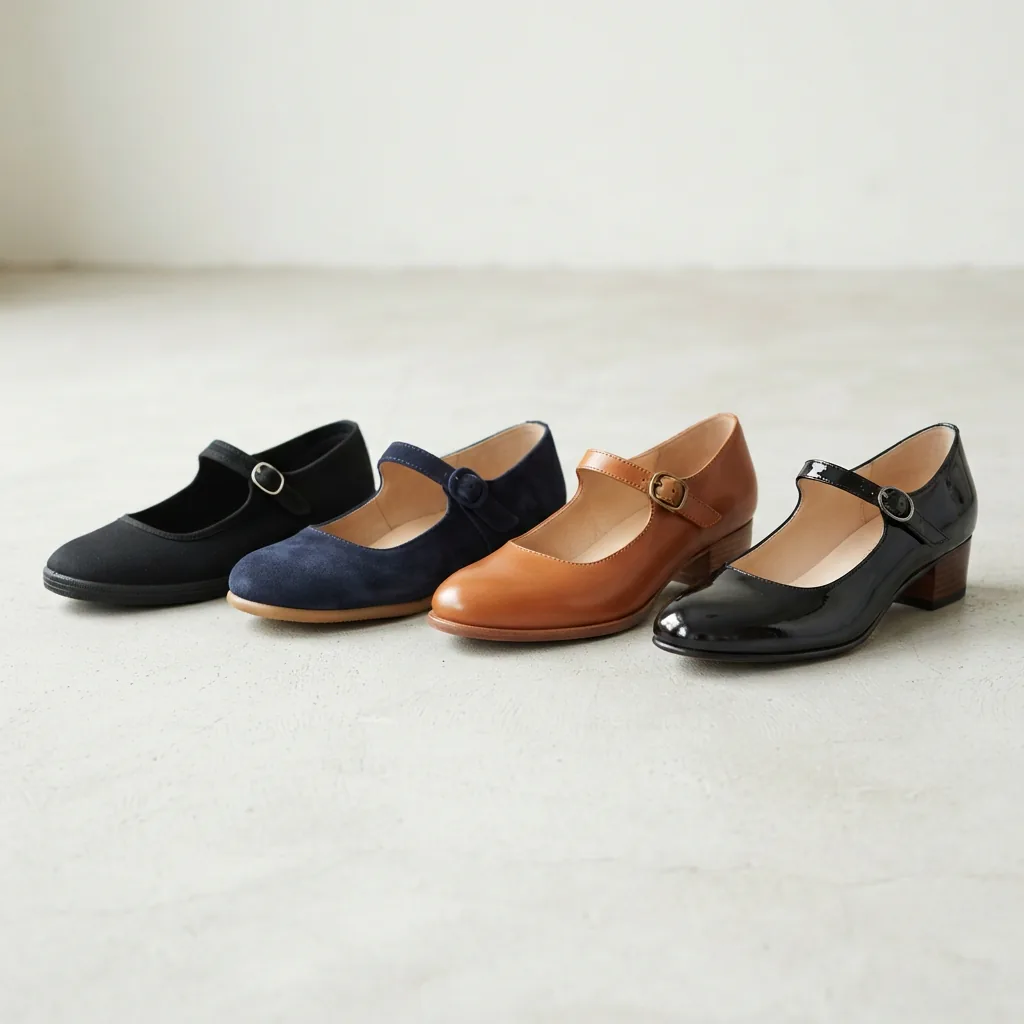 Row of Mary Jane shoes in simple and refined finishes arranged from plain to premium
