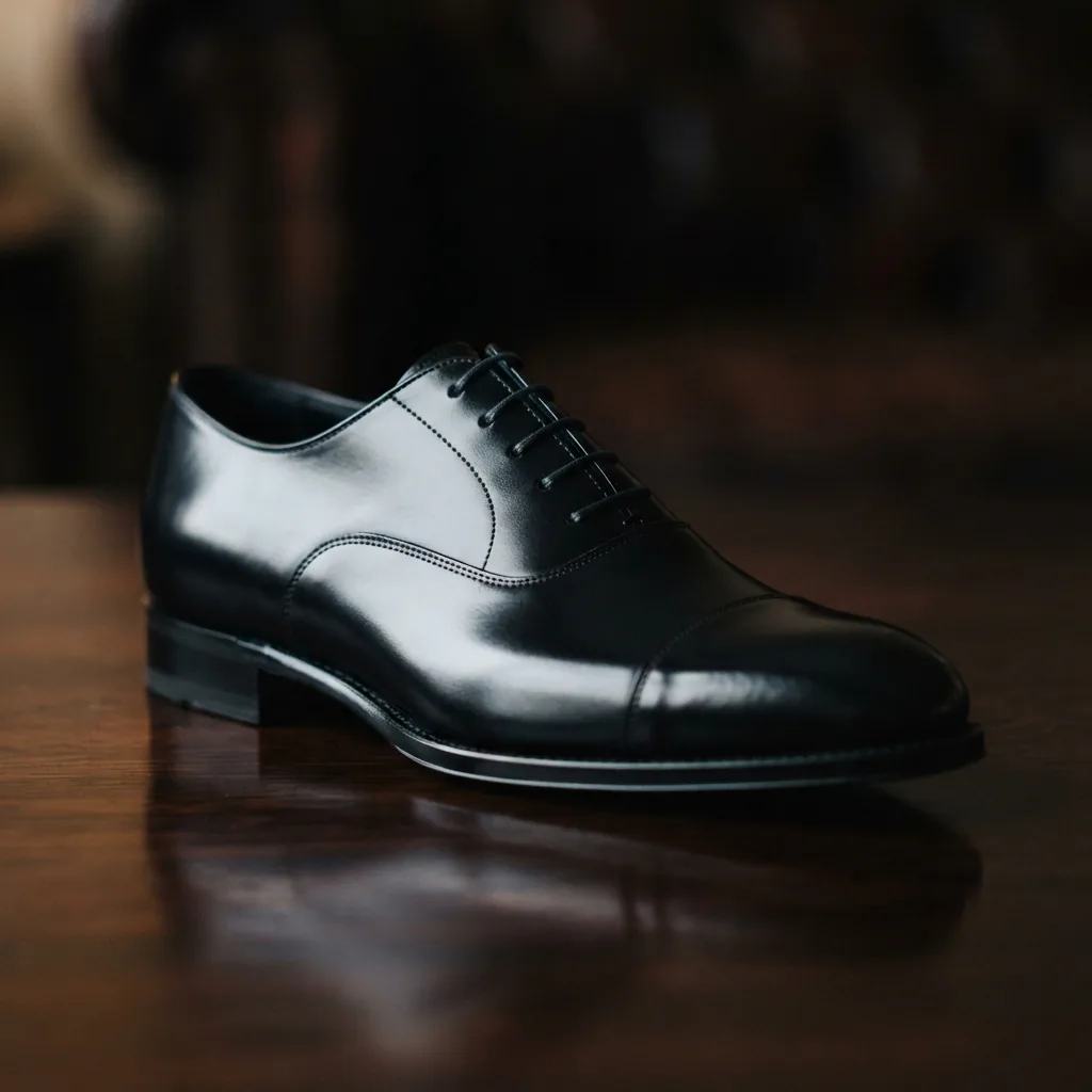 Polished black cap-toe oxford dress shoe on a dark formal setting surface