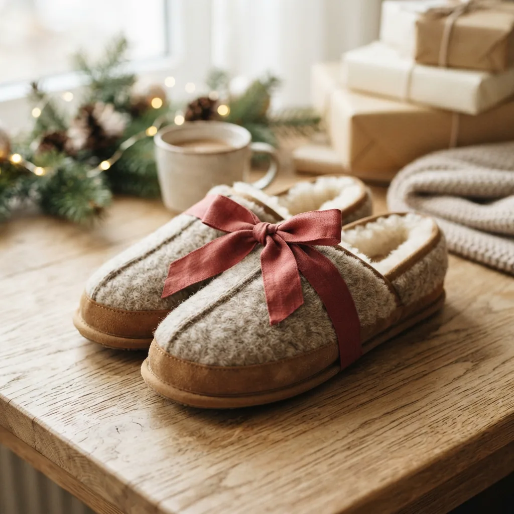 A pair of classic slippers tied with a simple ribbon on a light wooden table