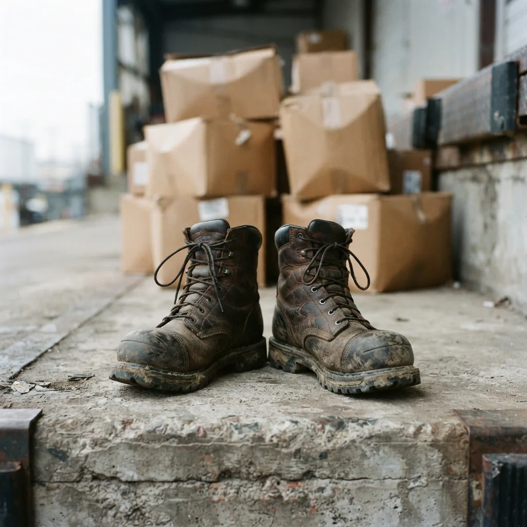 Steel toe work boots on a warehouse loading dock beside plain stacked boxes