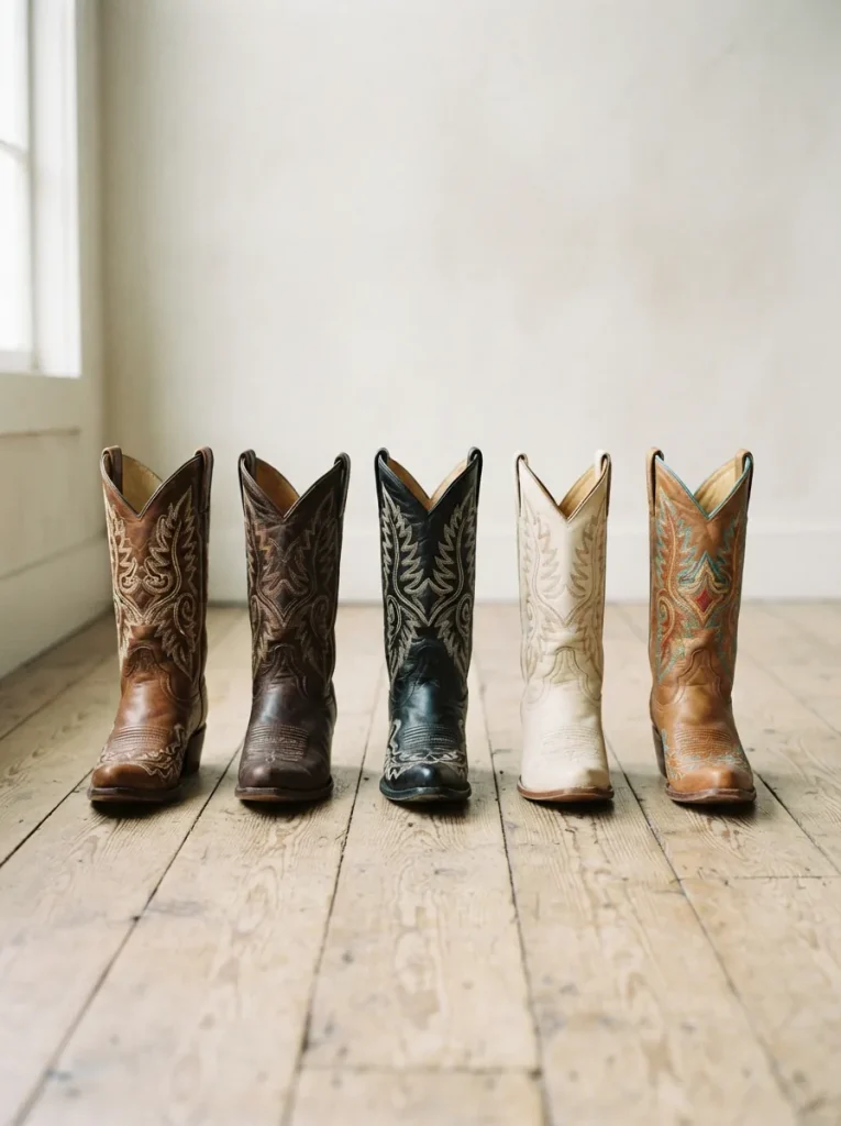 Row of women's cowboy boots in tan, brown, black and cream leather on a light wooden floor