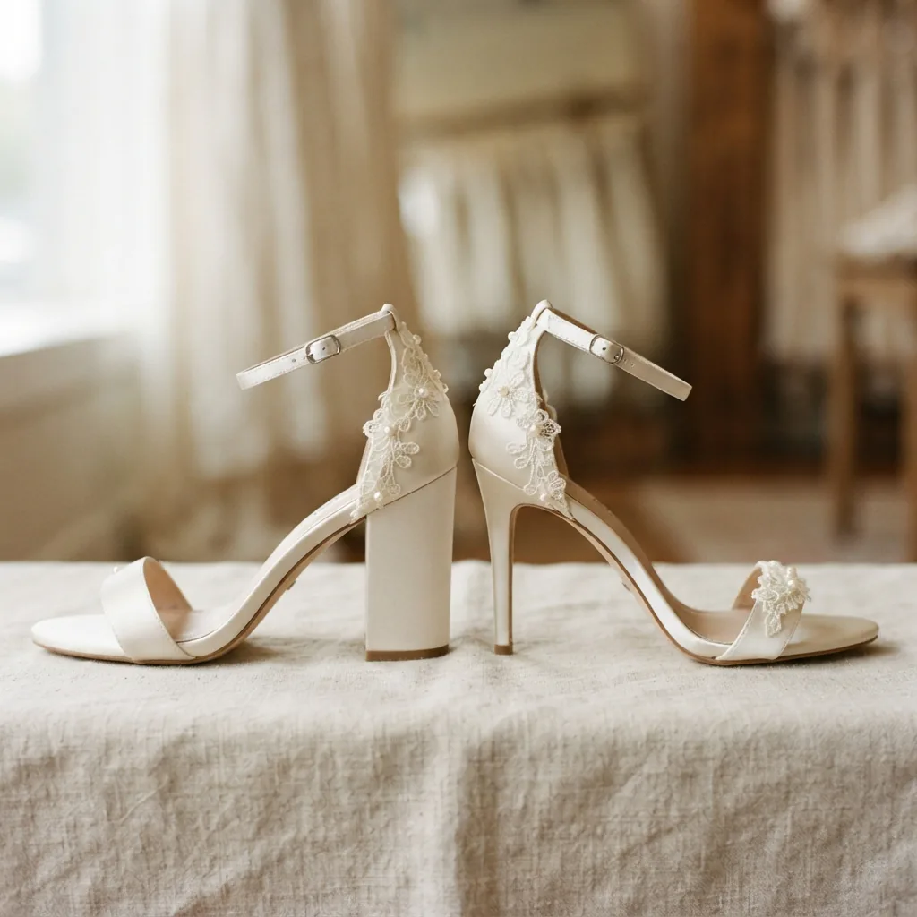 Side-by-side comparison of a block heel and a slim stiletto wedding shoe on a light surface