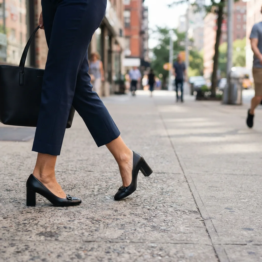 Adult shown from the knee down commuting in black block-heel pumps on a city sidewalk