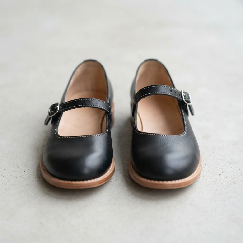 Close view of two Mary Jane shoes whose straps cross the foot at different heights