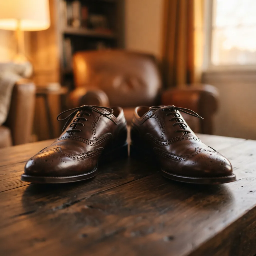 Two men's dress shoes with brogue detailing on a dark surface under warm evening light.