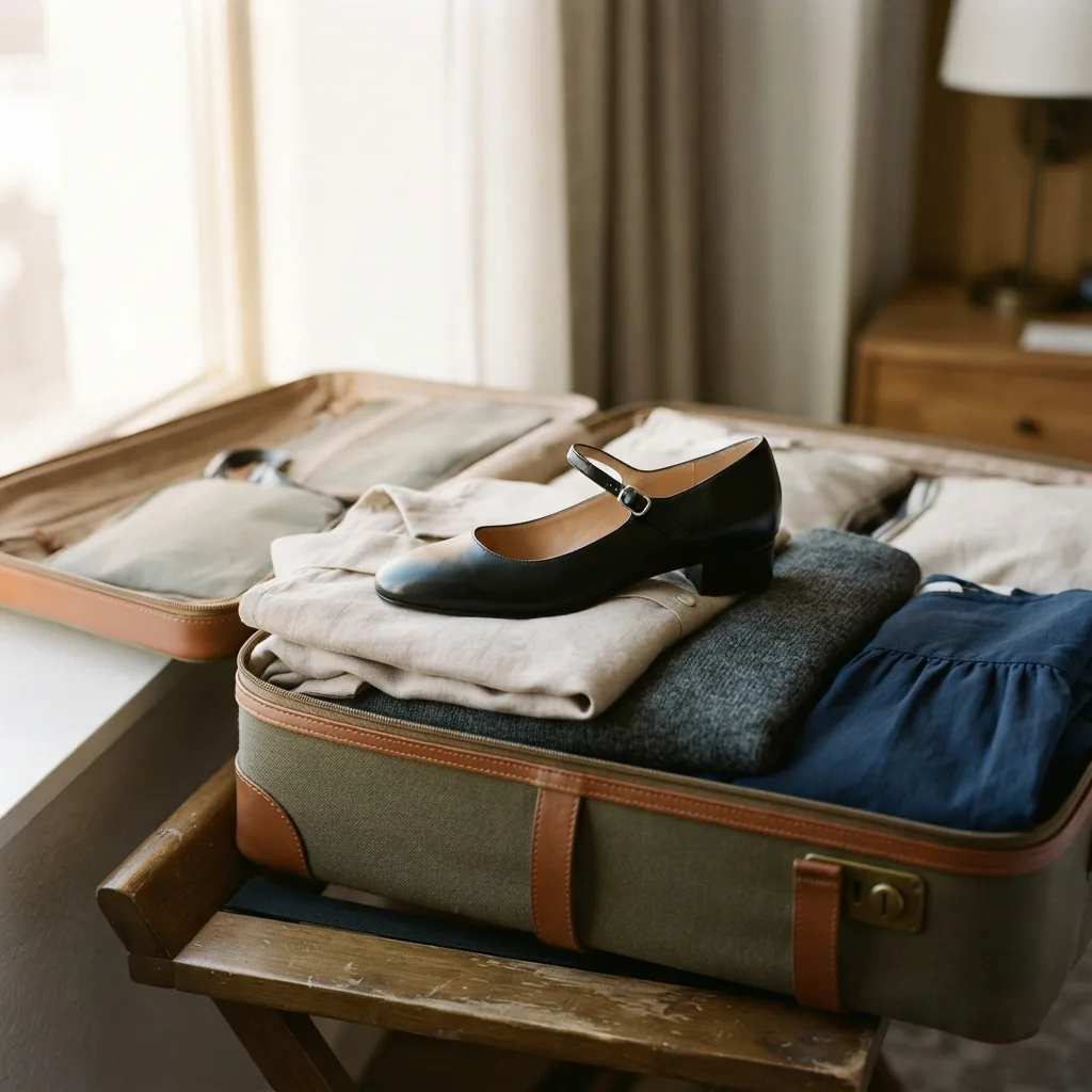 Black Mary Jane pump resting on folded clothing inside an open suitcase