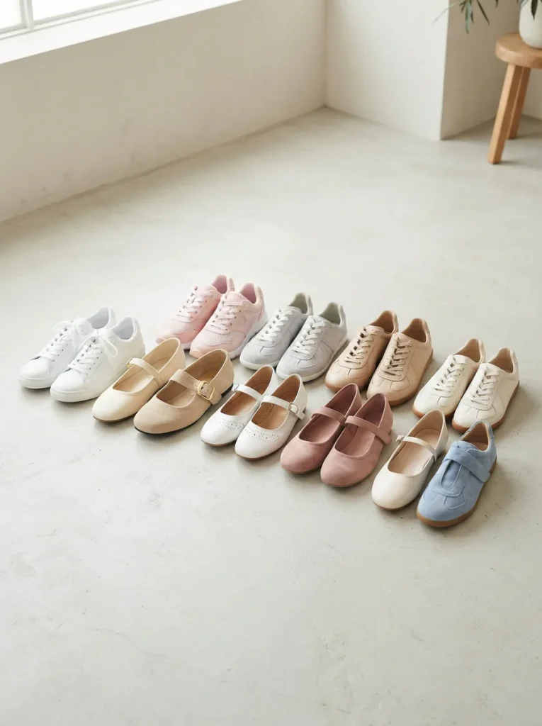 Assortment of women's Mary Jane flats and sneakers with straps arranged on a pale studio surface