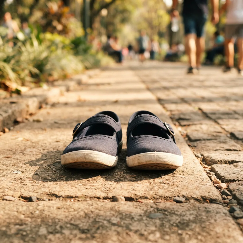 Two cushioned Mary Jane style sneakers resting on a sunlit paved walkway