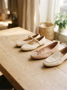 Three women's flats, a Mary Jane, a ballet flat and a loafer, arranged on a light wooden surface
