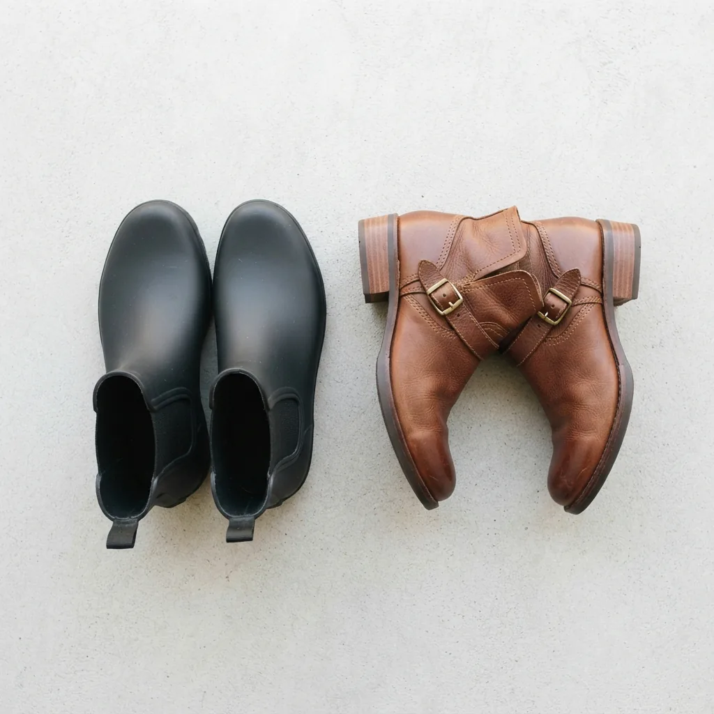 Two women's boots of different styles placed side by side for a price comparison